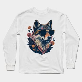 Colorful Wolf with Flowers Long Sleeve T-Shirt